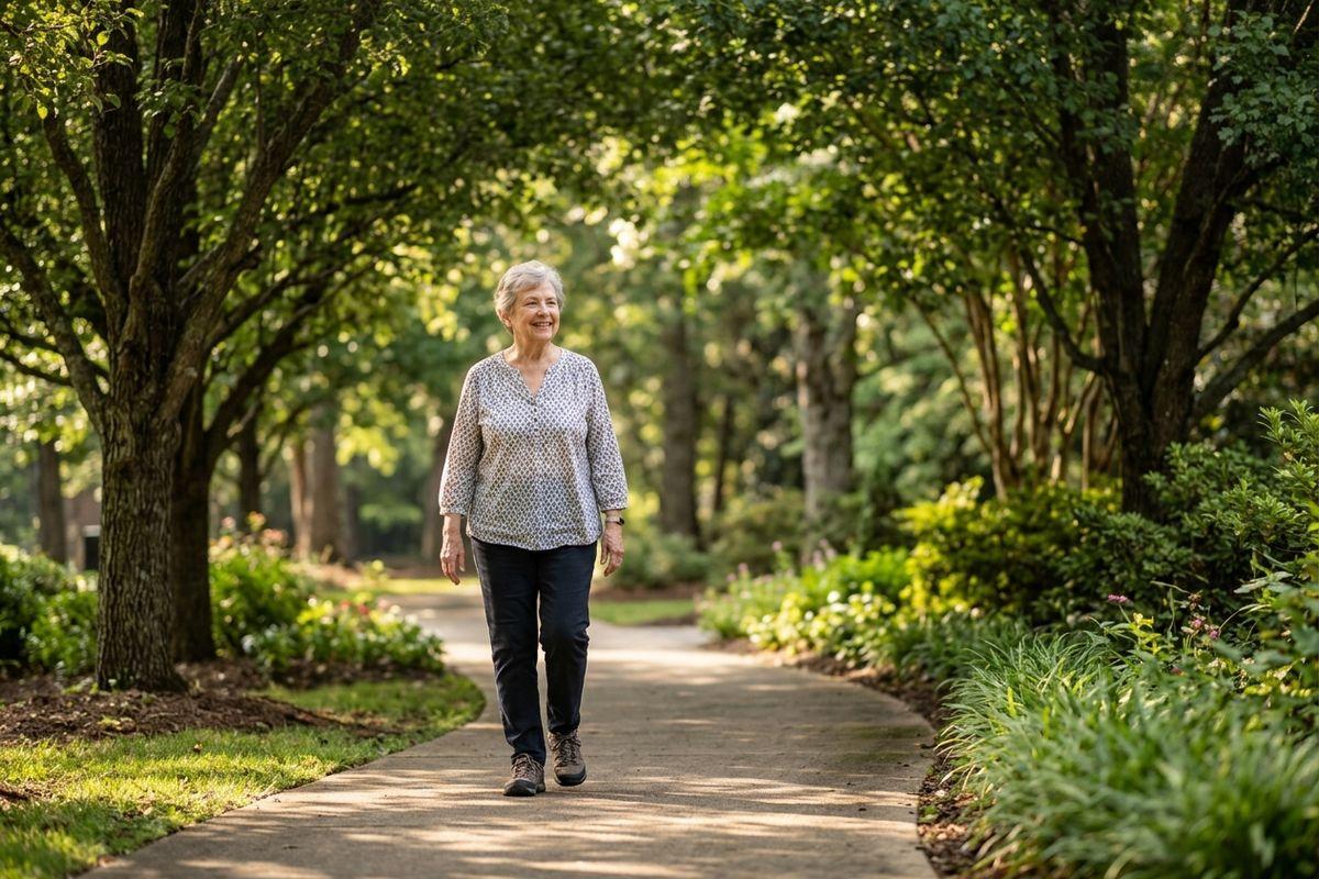 Older adult smiling while walking along a shaded garden path lined with green trees and plants.