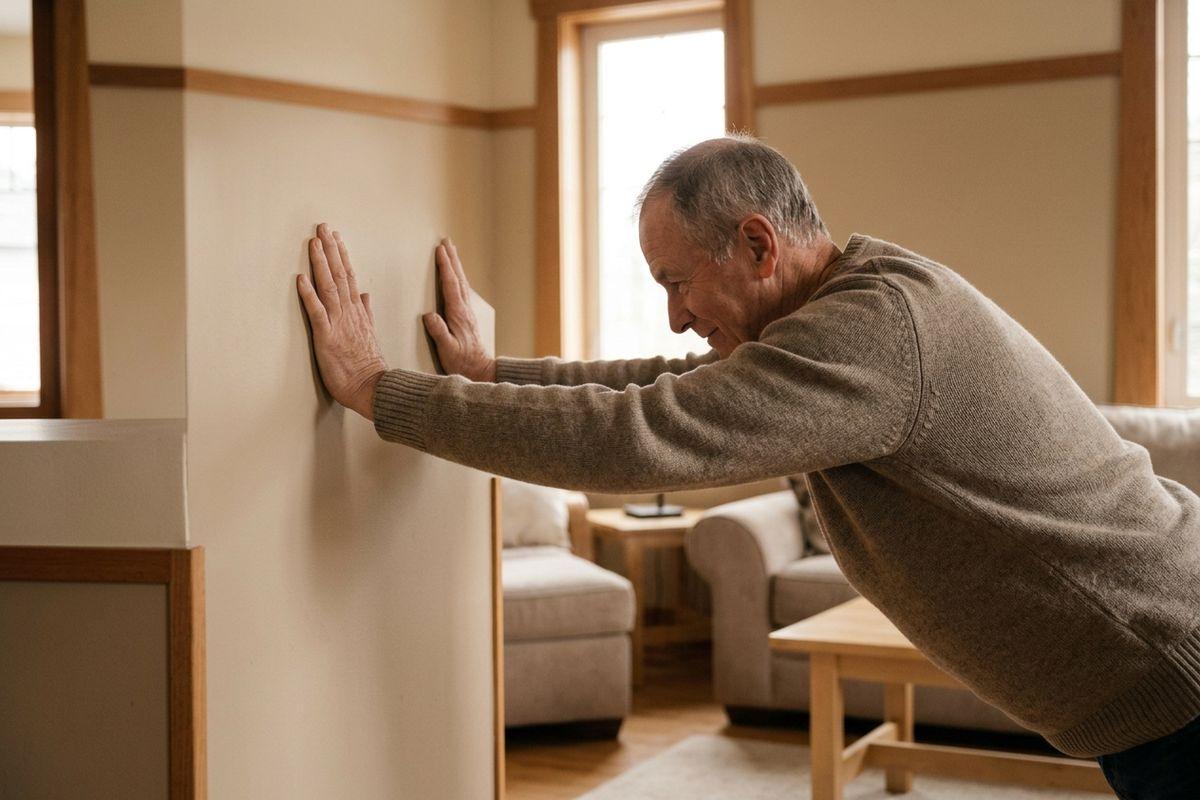 Older adult in a gray sweater leaning forward with both hands pressed against a wall doing push-ups in a living room.
