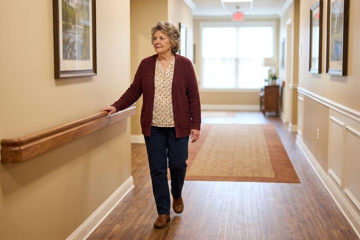 An older adult walks along a hallway, holding a wall-mounted handrail for support.