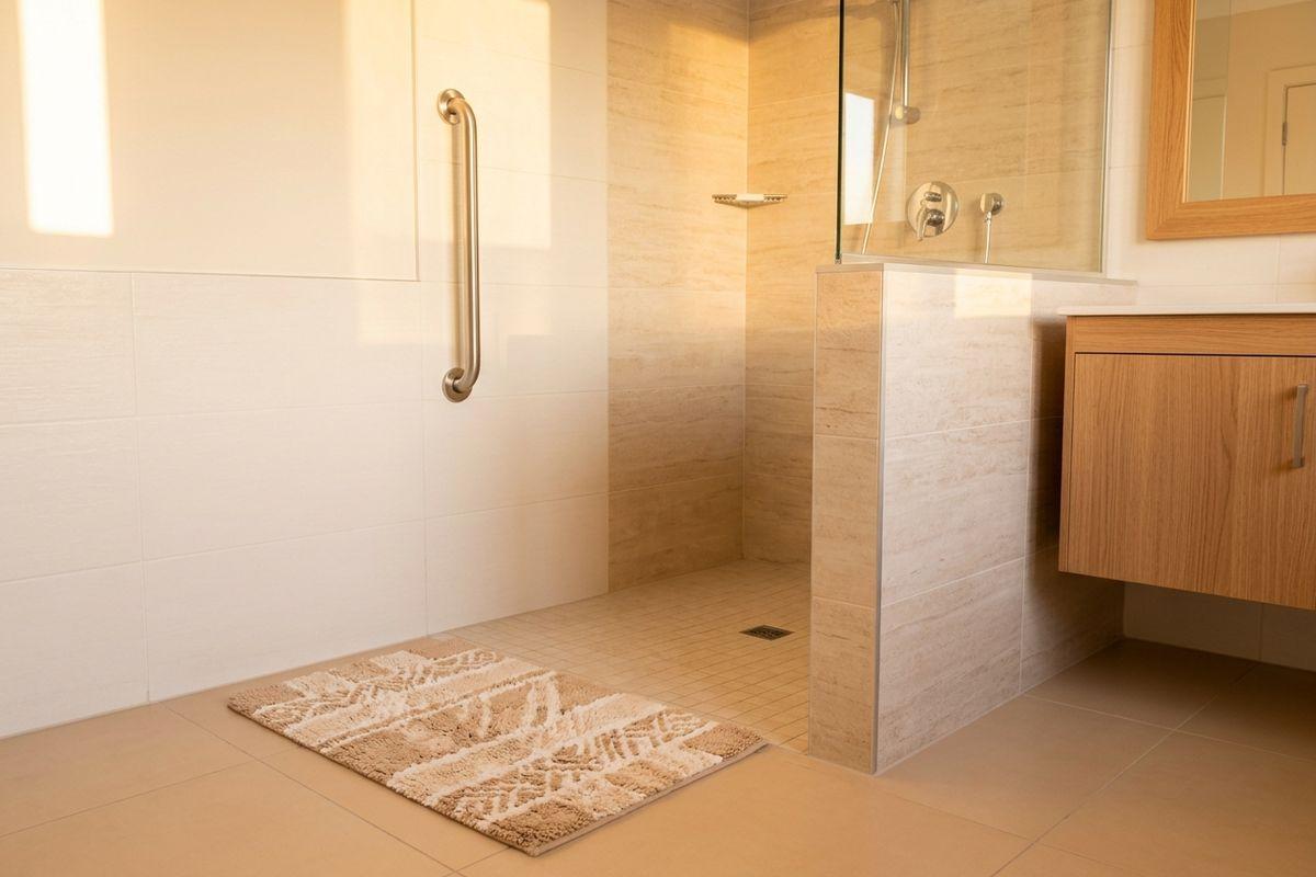 A bathroom features a curbless walk-in shower with a grab bar and glass panel.