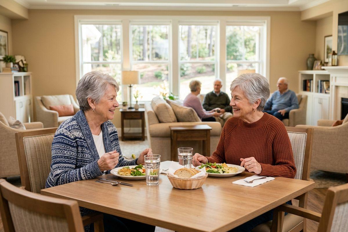 Two older adults smiling while eating a meal at a table.