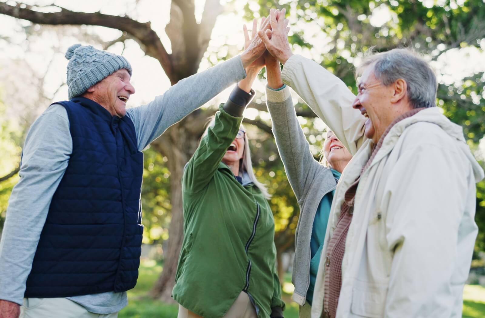 4 older adults high-five while walking together through a park in the late fall